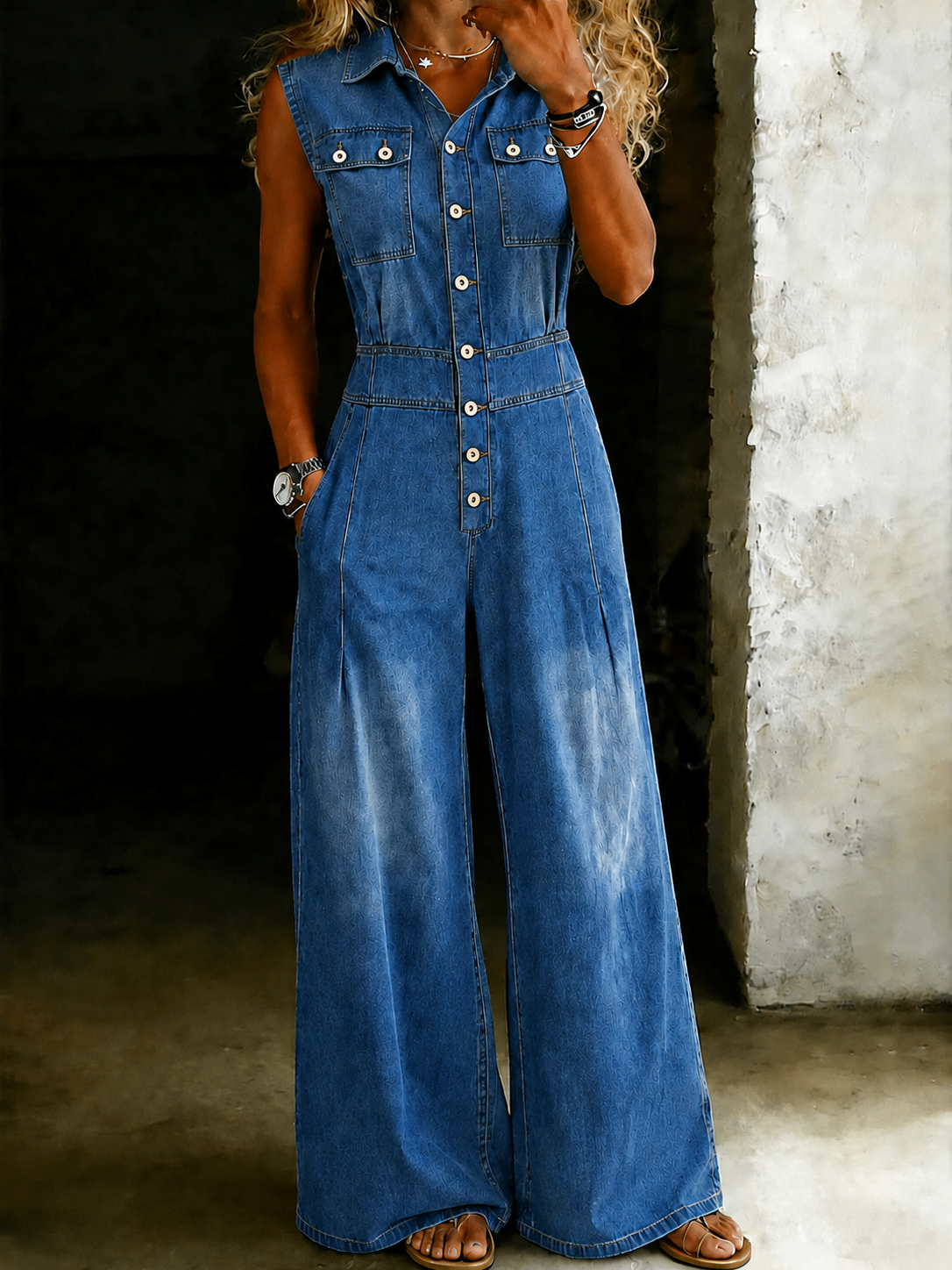 Stella | Tuta in Denim con Vita Stretto e Gamba Larga