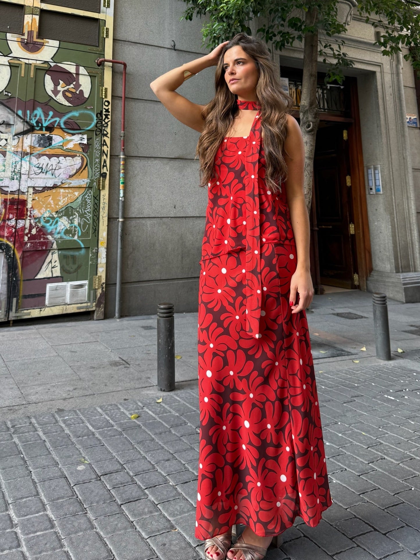 Abito lungo halter con stampa floreale