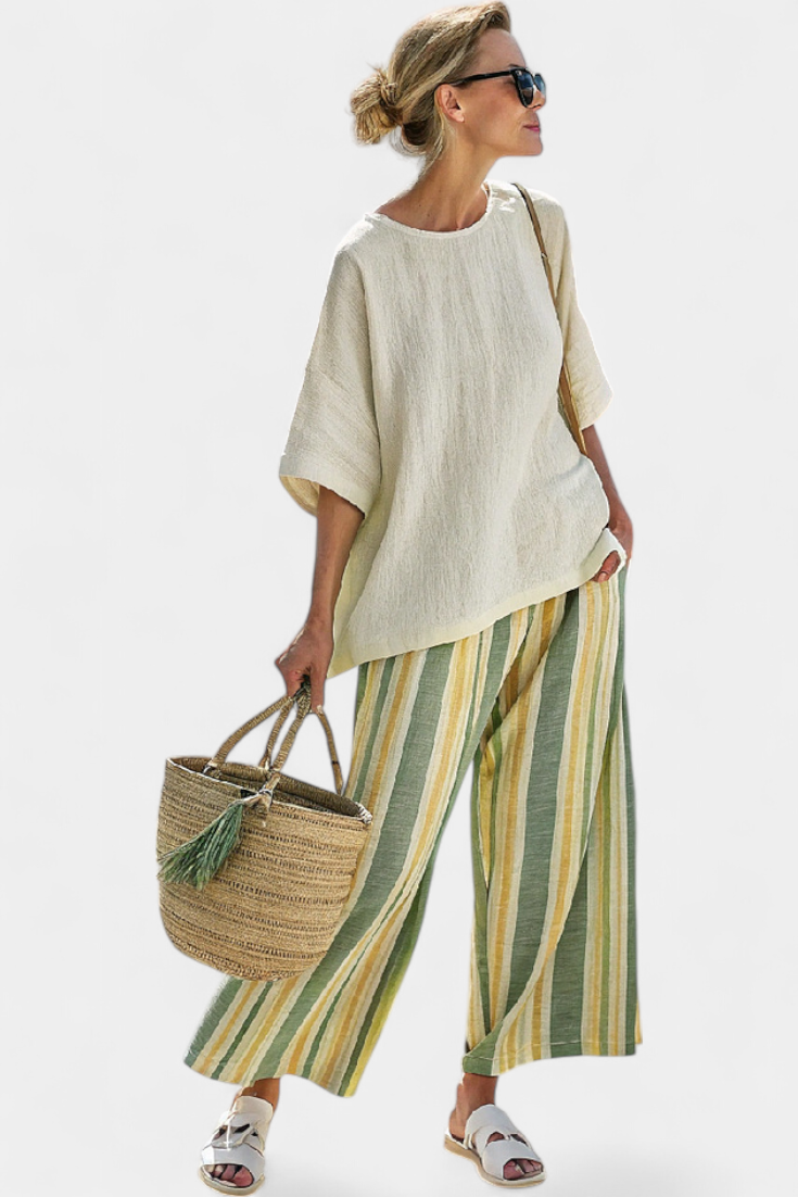 Ellowyn | Set in lino a righe verdi