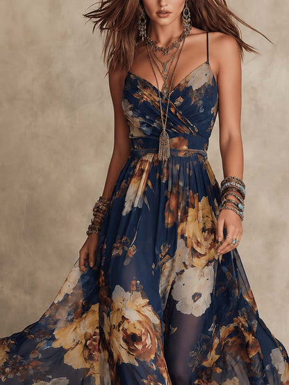 Adriana | Abito Maxi in Chiffon Blu Navy con Stampa Floreale e Spalline Sottile