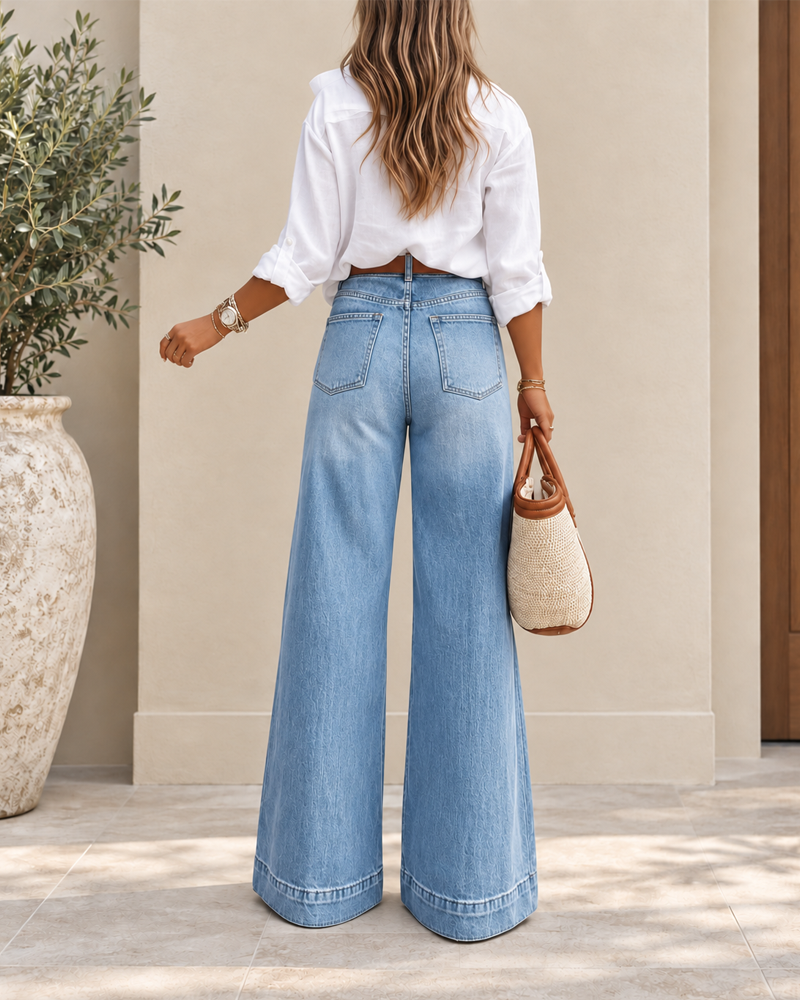 Eleganti jeans a vita alta con gamba extra larga