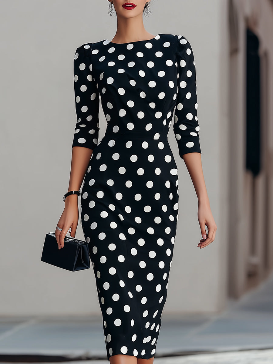Abito Midi a Pois Bianco e Nero