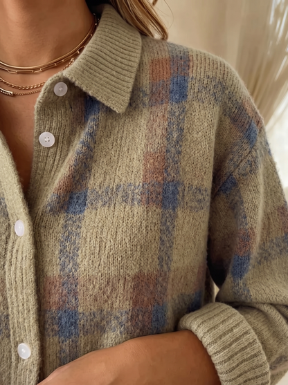 Cardigan a quadri tortora dettaglio