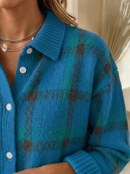 Cardigan a quadri blu petrolio dettaglio