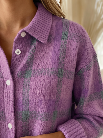 Cardigan a quadri viola dettaglio