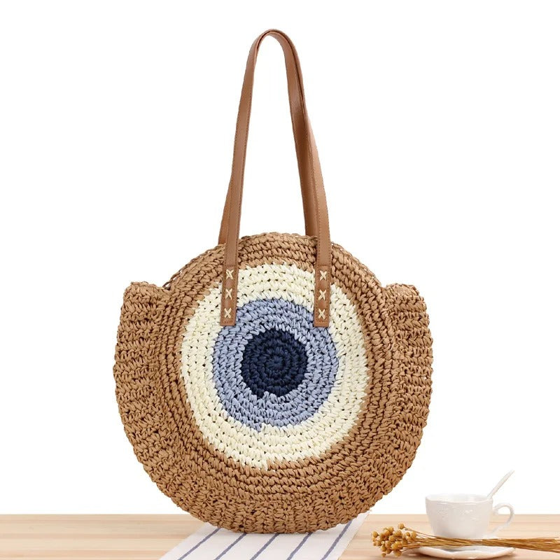 Borsa rotonda in rafia intrecciata Capri — Stile bohemiano
