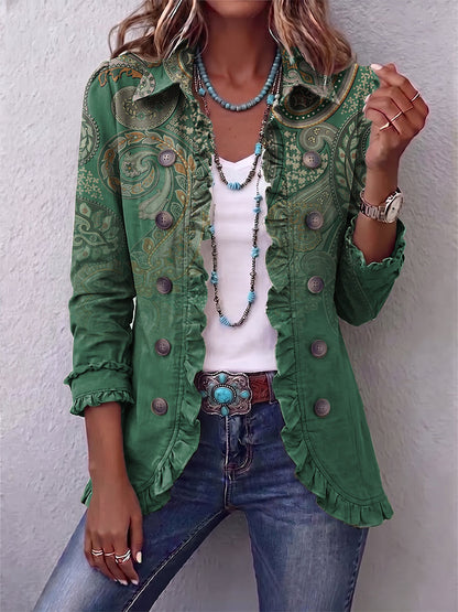 Addolorata | Giacca verde con stampa paisley e volant