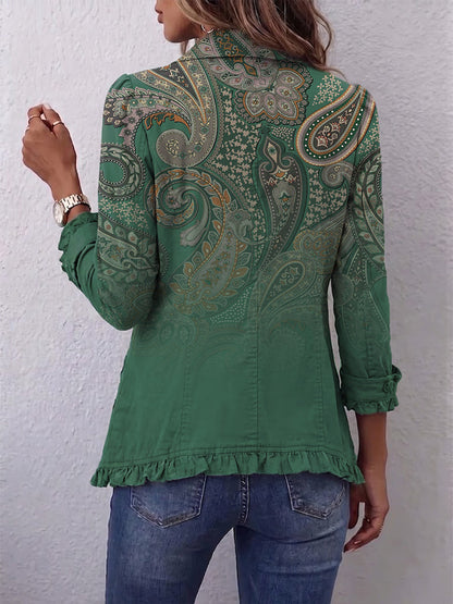 Addolorata | Giacca verde con stampa paisley e volant